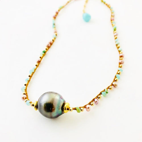 Single Peacock Tahitian Pearl Necklace with Peruvian Opals & Seed Pearls