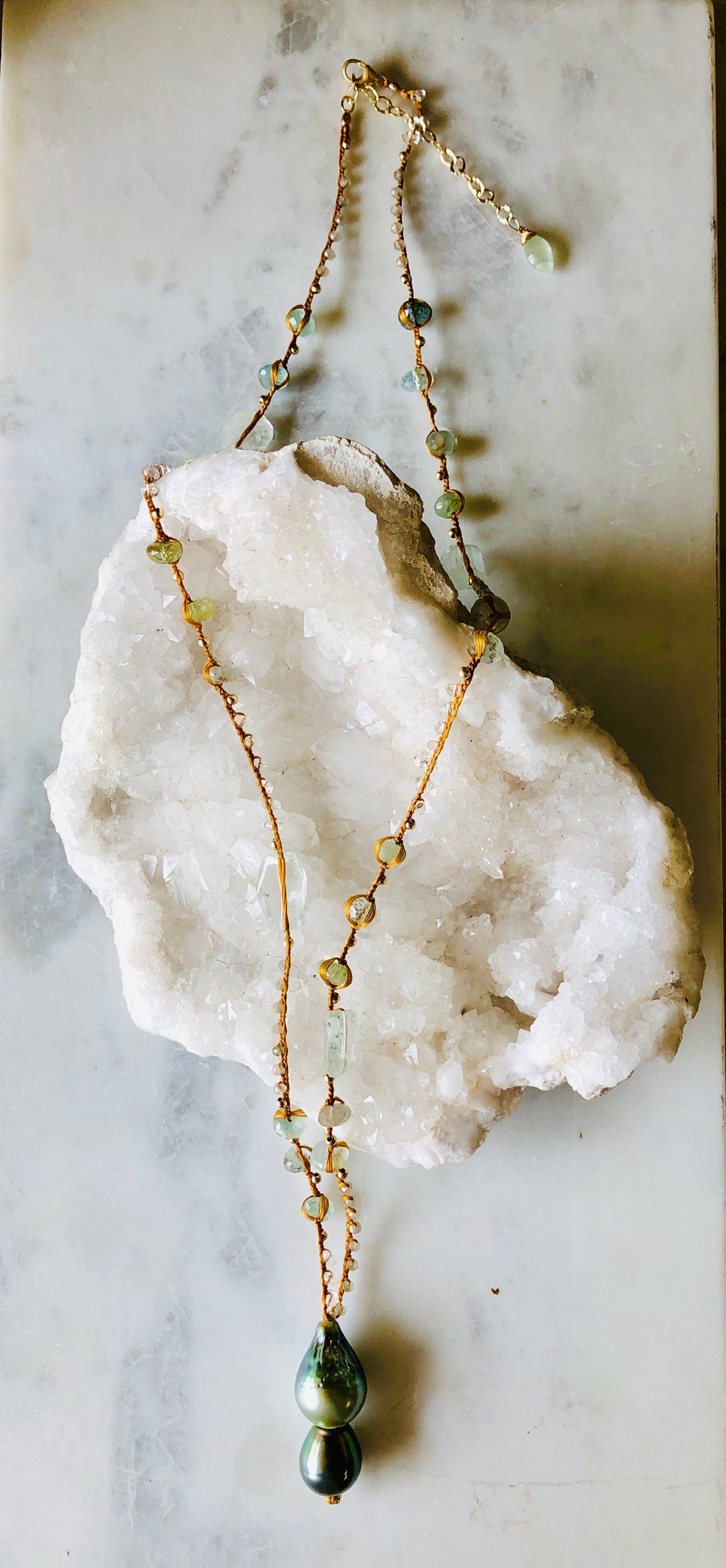 Double Drop Tahitian Pearl Necklace with Aquamarine