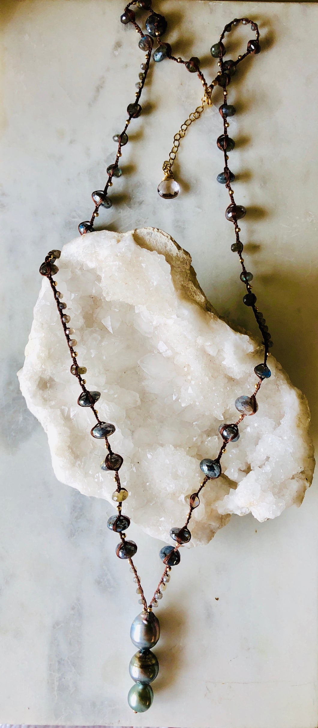 Triple Drop Tahitian Pearl Necklace with Labradorite