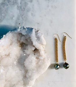 Tahitian Pearl & Gold Chain Earrings