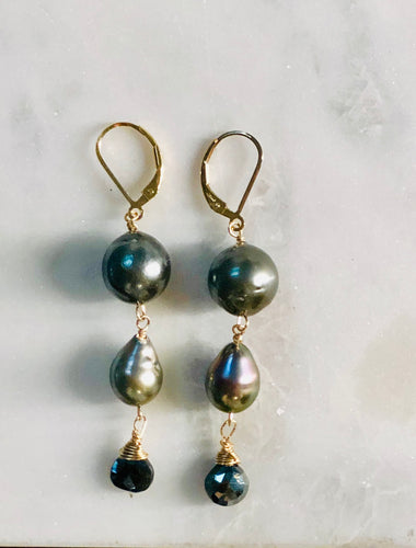 Double Tahitian Pearl with Pyrite Teardrop Earrings