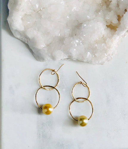 Double Hoop Golden South Sea Pearl Earrings
